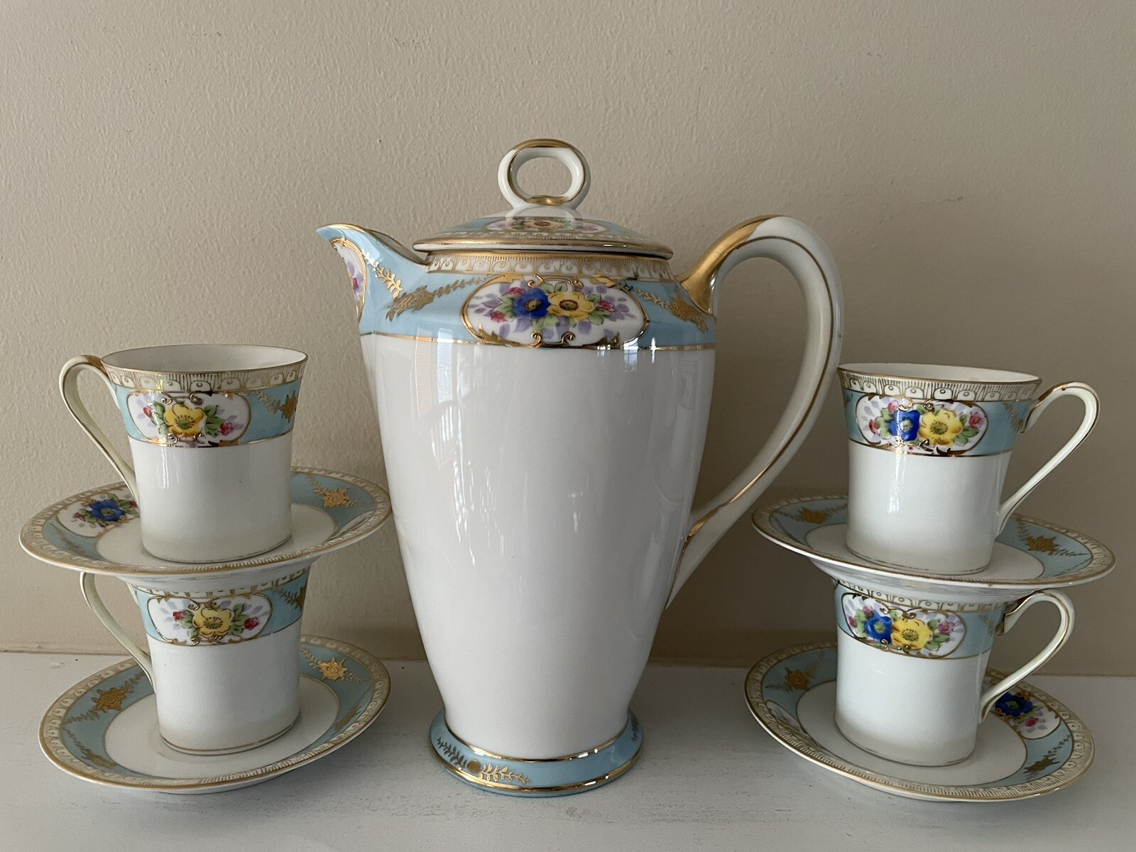 【淡青の帯に花が咲く卓】オールドノリタケ 花文 コーヒーセット 金彩 - 画像 (2)