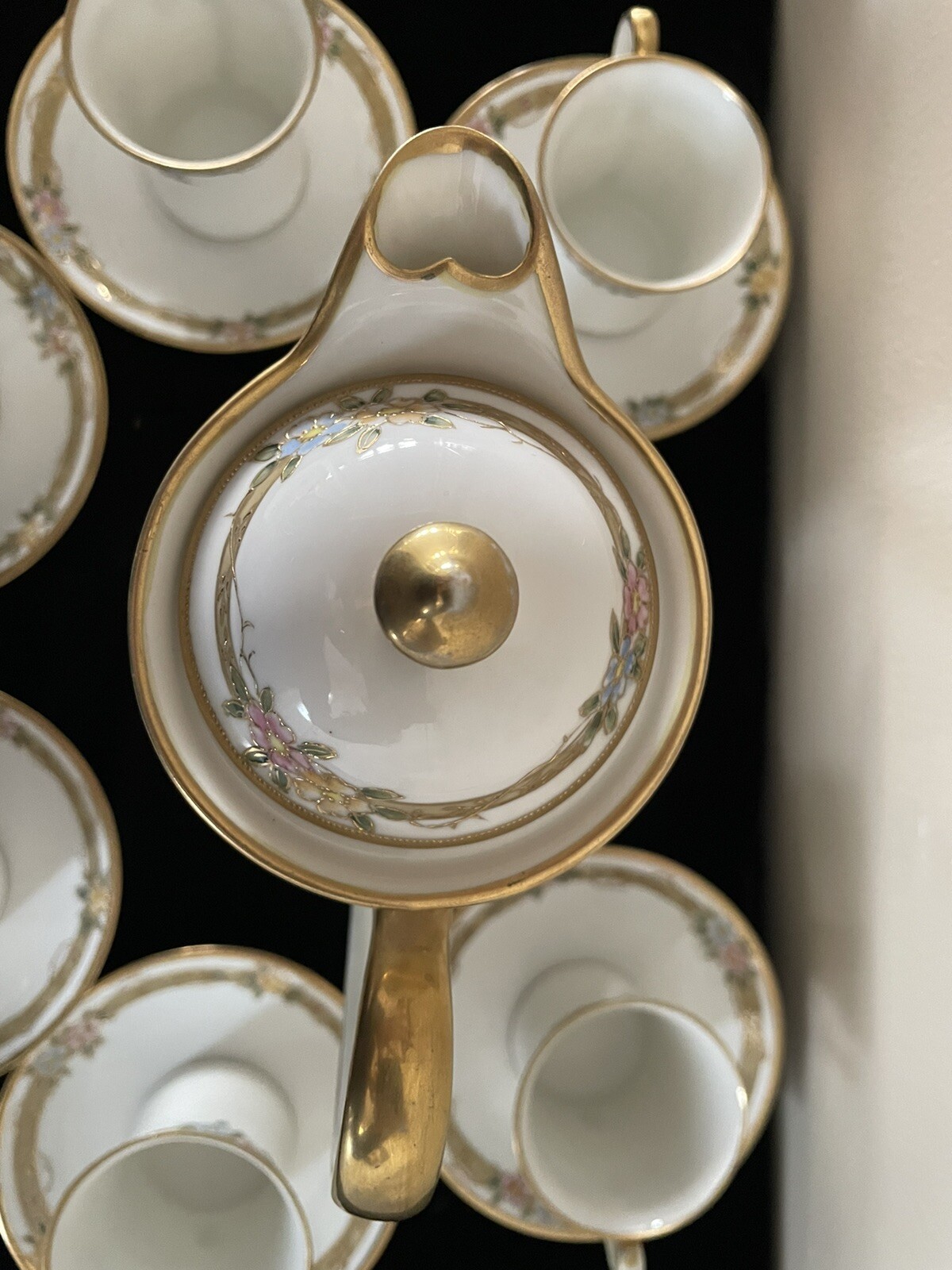 【金の花綱めぐる珈琲器】オールドノリタケ 花文 チョコレートポットセット 金彩 - 画像 (3)