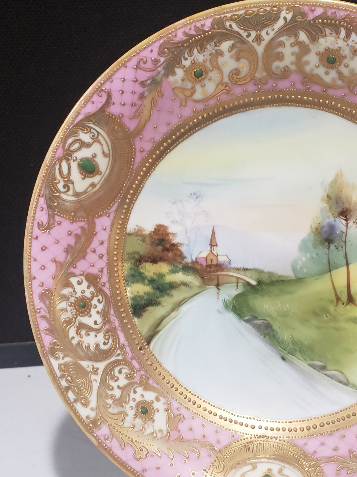 【薔薇色の縁にひらく田園】オールドノリタケ ジュエル装飾 風景文 コンポート 金彩 - 画像 (2)