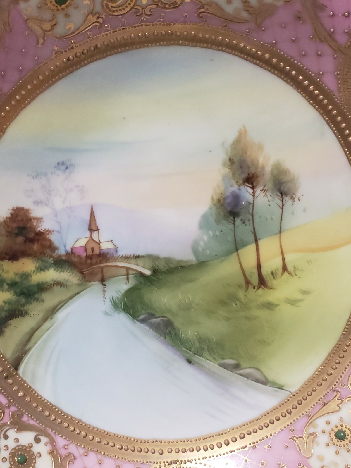 【薔薇色の縁にひらく田園】オールドノリタケ ジュエル装飾 風景文 コンポート 金彩 - 画像 (3)