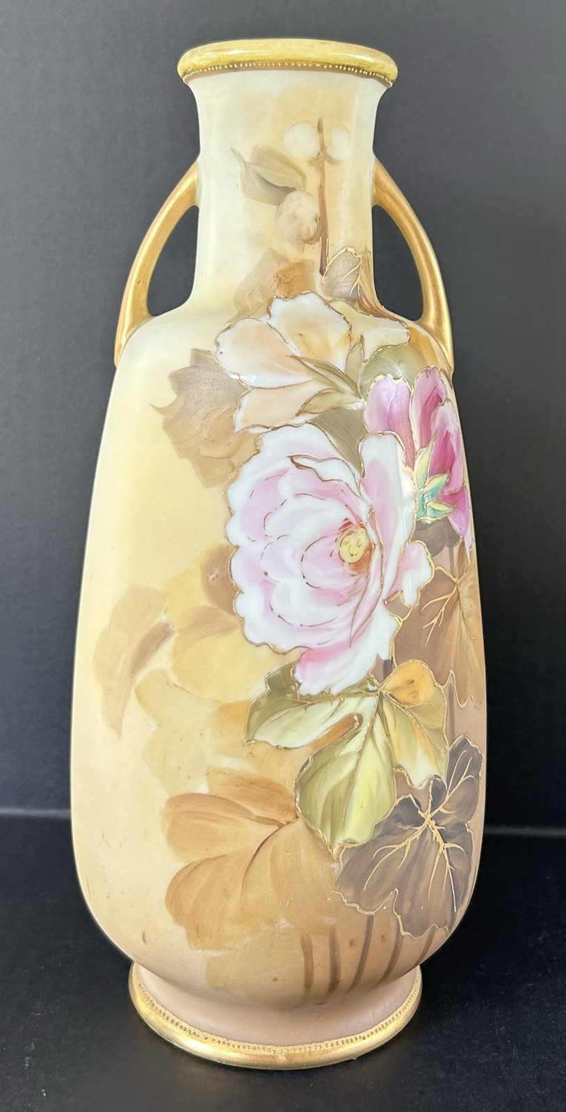 【秋葉に寄り添う薔薇】オールドノリタケ 薔薇文 双耳花瓶 金彩 - 画像 (2)