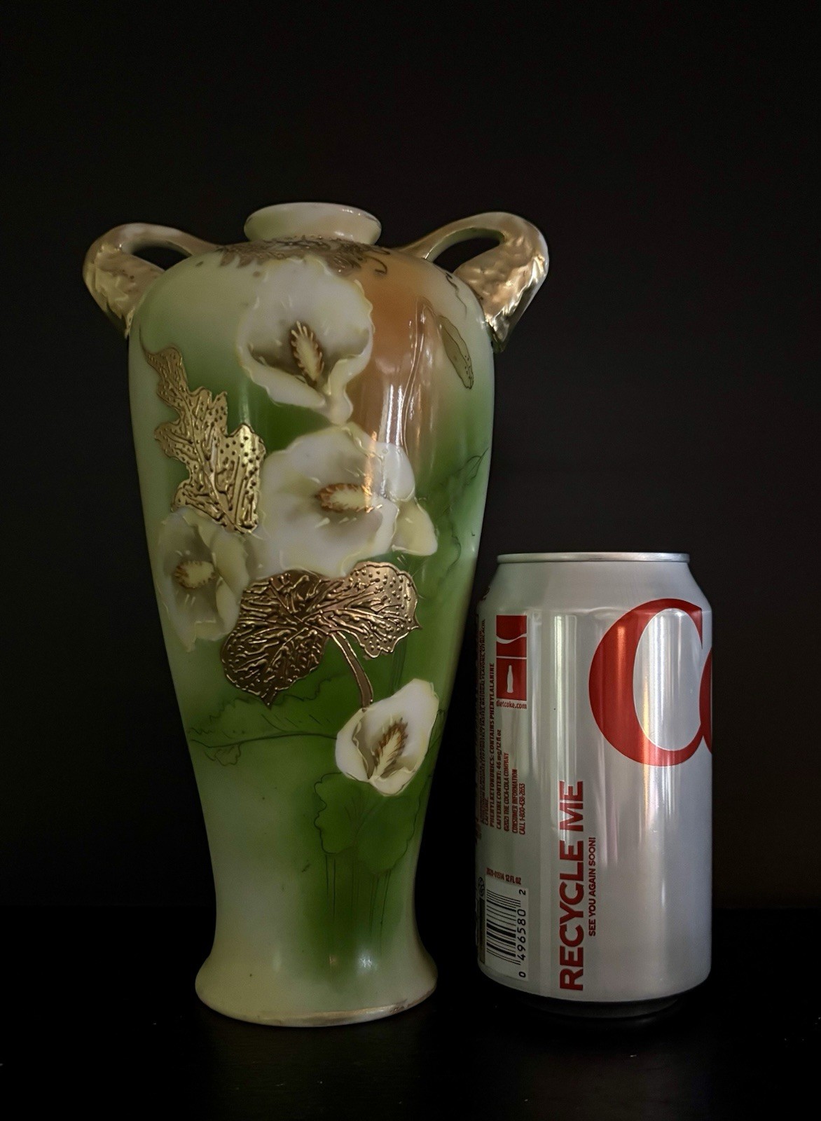 【金の葉に咲く白いカラー】オールドノリタケ 金盛 カラー文 双耳花瓶 金彩 - 画像 (2)