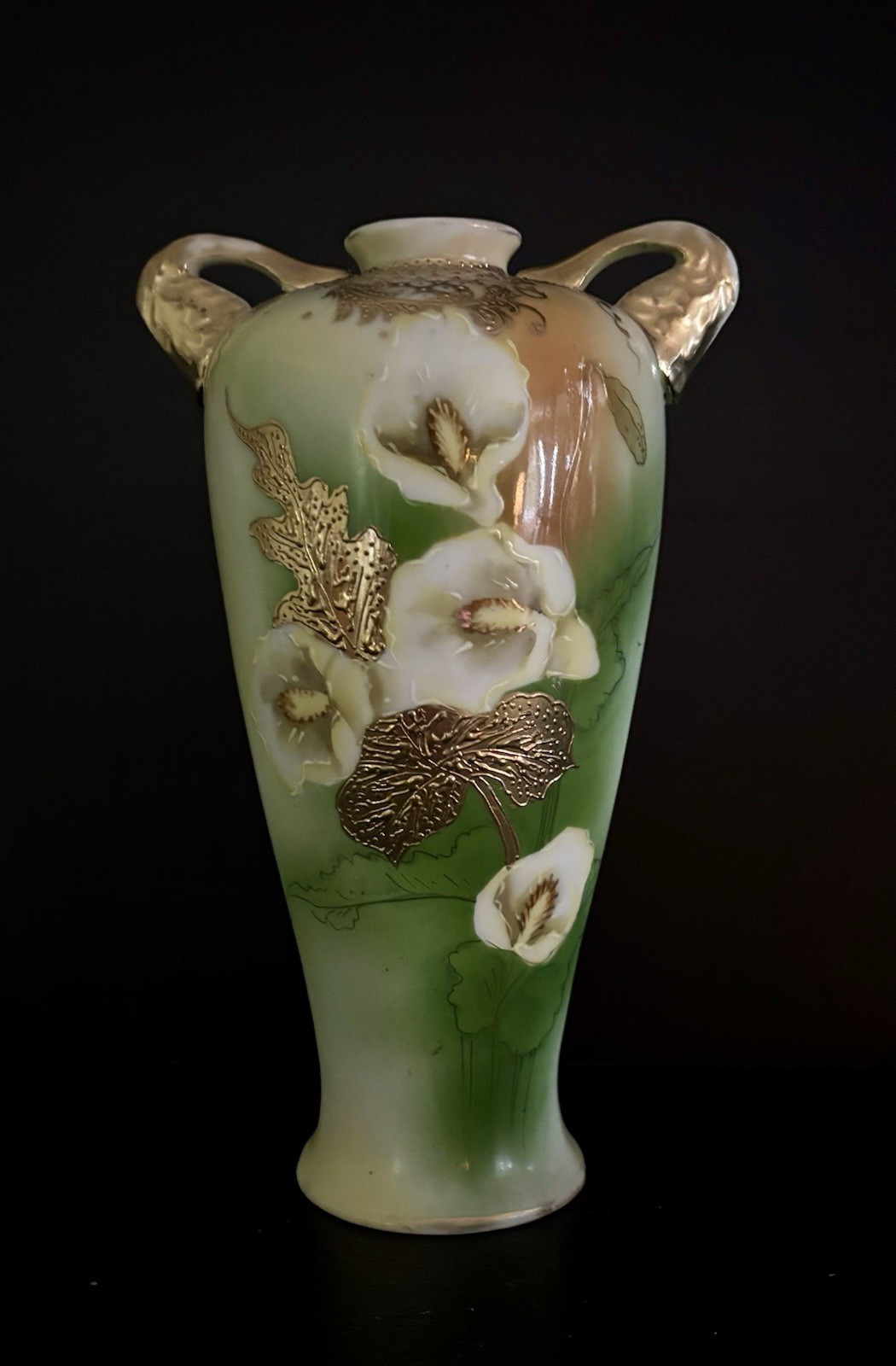 【金の葉に咲く白いカラー】オールドノリタケ 金盛 カラー文 双耳花瓶 金彩 - 画像 (3)