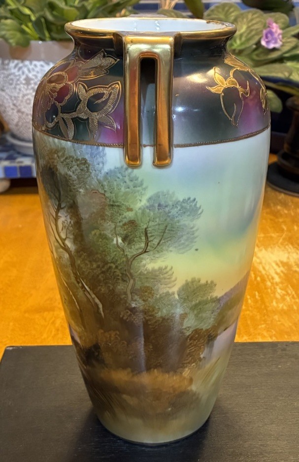 【水辺にたたずむ夕暮れの家】オールドノリタケ 金盛 風景文 双耳花瓶 金彩 - 画像 (2)