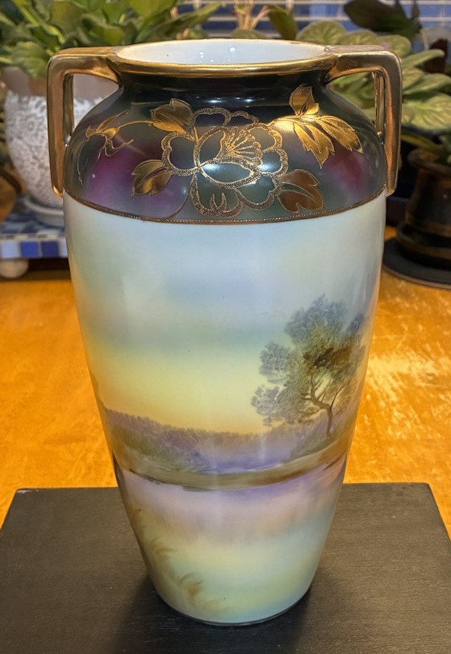 【水辺にたたずむ夕暮れの家】オールドノリタケ 金盛 風景文 双耳花瓶 金彩 - 画像 (3)