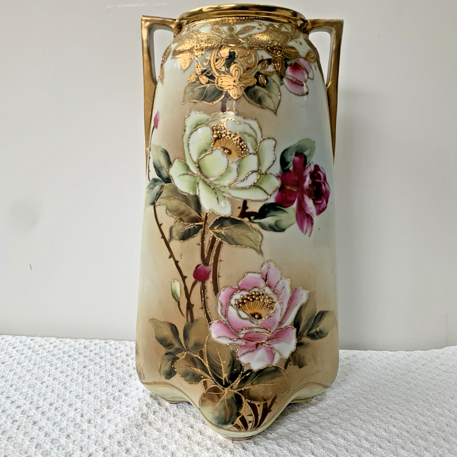 【金線をたどって咲きのぼる薔薇】オールドノリタケ 金盛 薔薇文 双耳花瓶 金彩 - 画像 (2)