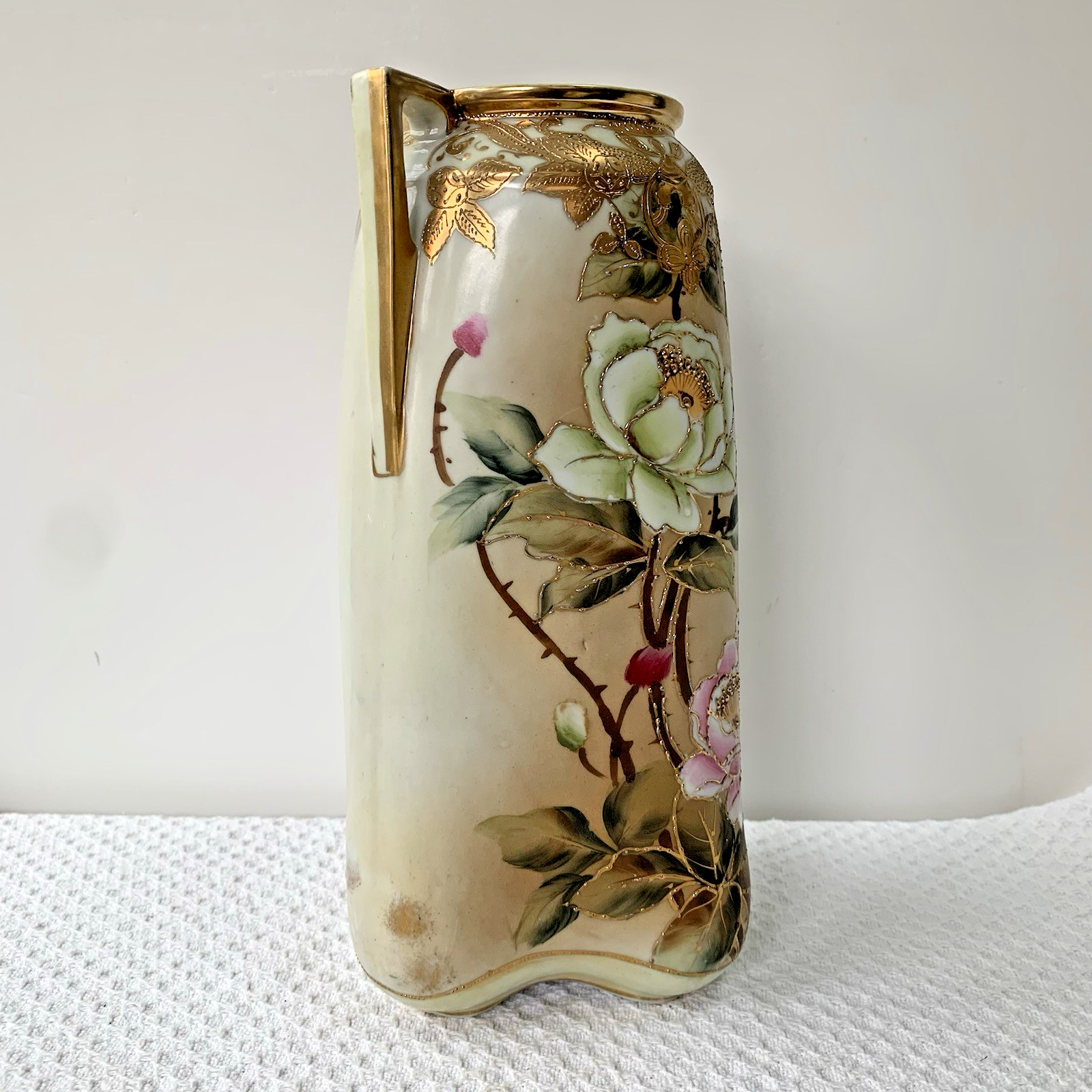 【金線をたどって咲きのぼる薔薇】オールドノリタケ 金盛 薔薇文 双耳花瓶 金彩 - 画像 (3)