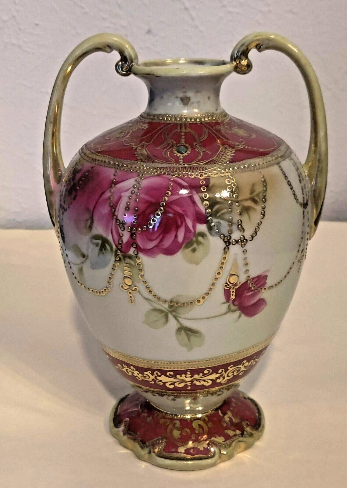 【金の珠を垂らす薔薇の段】オールドノリタケ ジュエル装飾 薔薇文 双耳花瓶 金彩 - 画像 (2)