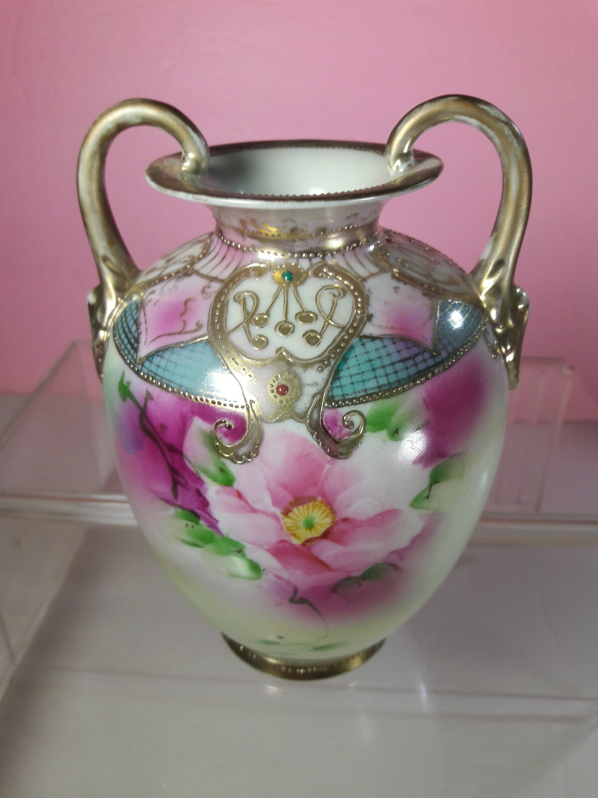 【宝玉の襟をまとう野薔薇】オールドノリタケ 金盛 ジュエル装飾 薔薇文 双耳花瓶 - 画像 (2)