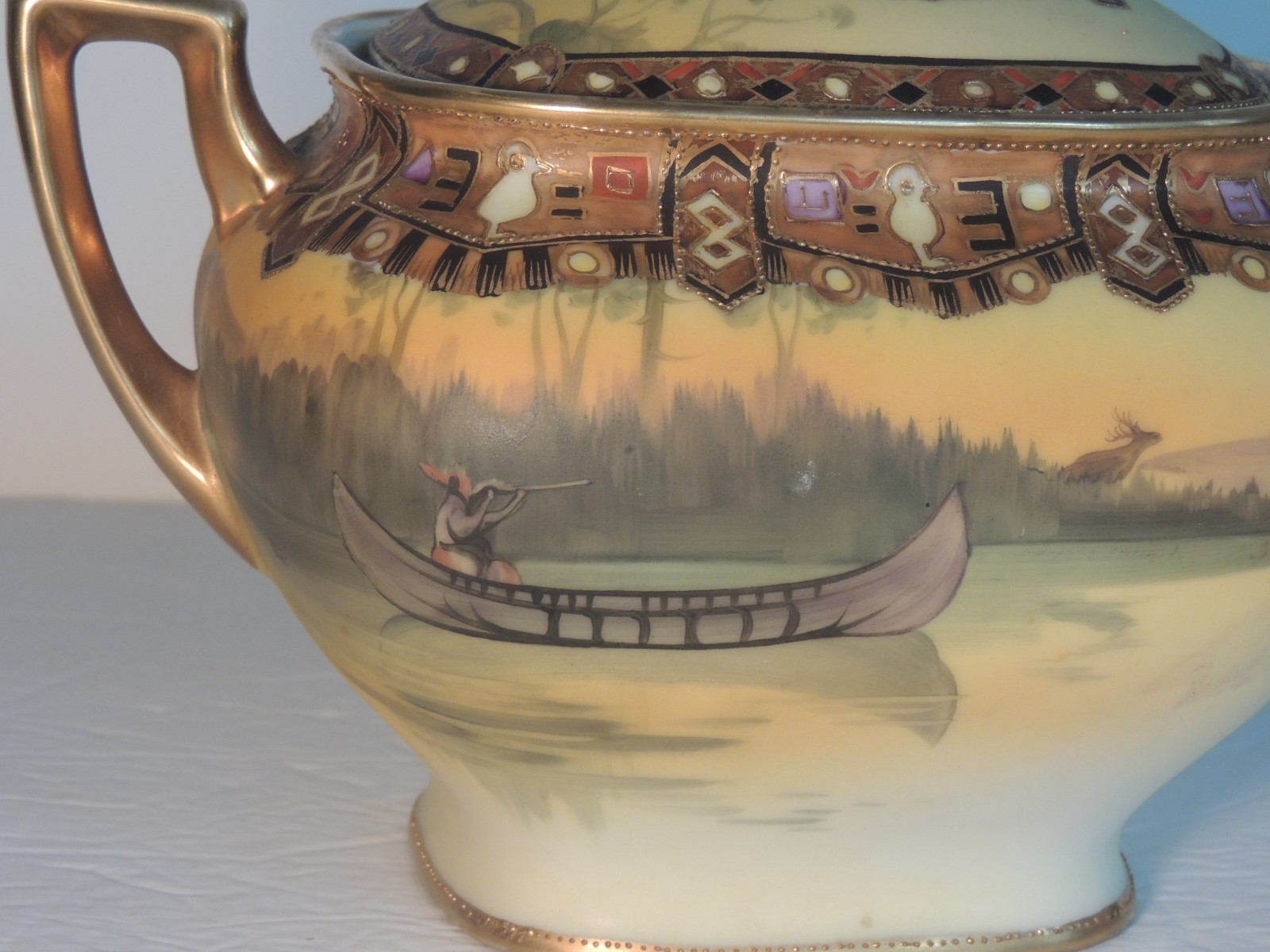 【夕湖をすべる一艘のカヌー】オールドノリタケ ジュエル装飾 風景文 蓋物 金彩 - 画像 (2)