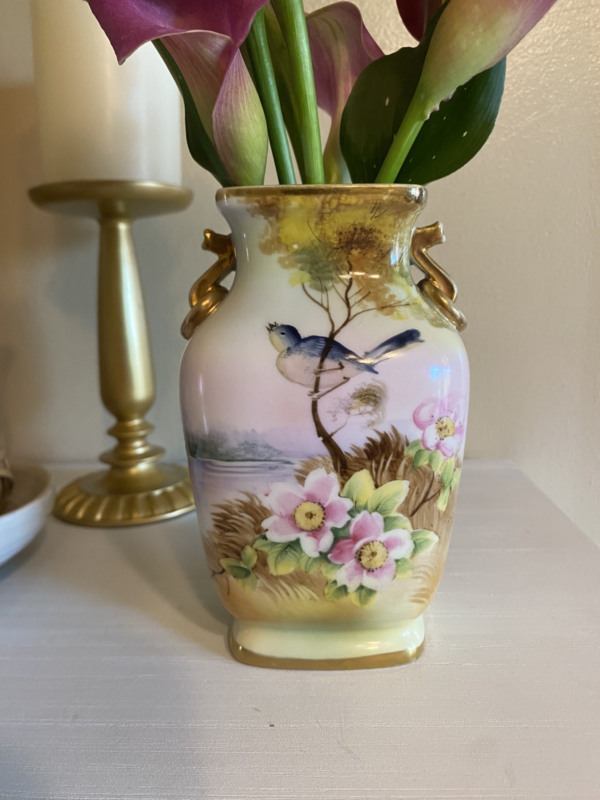【枝にうたう青い小鳥】オールドノリタケ 金彩 花鳥文 双耳花瓶