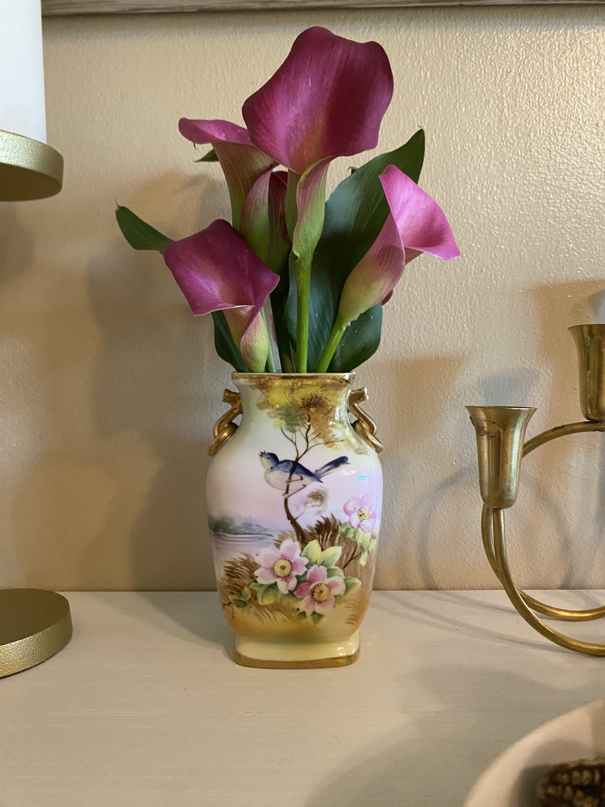【枝にうたう青い小鳥】オールドノリタケ 金彩 花鳥文 双耳花瓶 - 画像 (2)