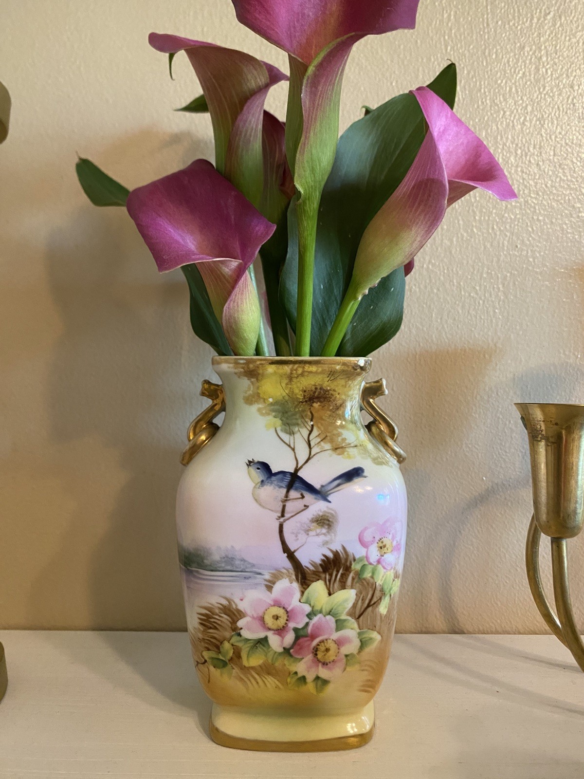 【枝にうたう青い小鳥】オールドノリタケ 金彩 花鳥文 双耳花瓶 - 画像 (3)