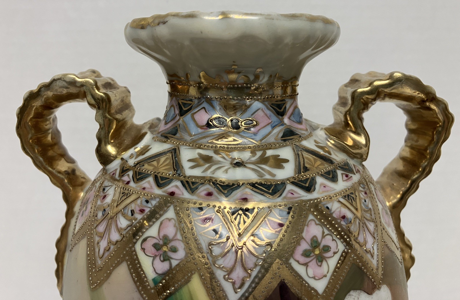 【錦の帯に大輪ゆれる】オールドノリタケ ジュエル装飾 花文 両耳花瓶 金彩 - 画像 (2)