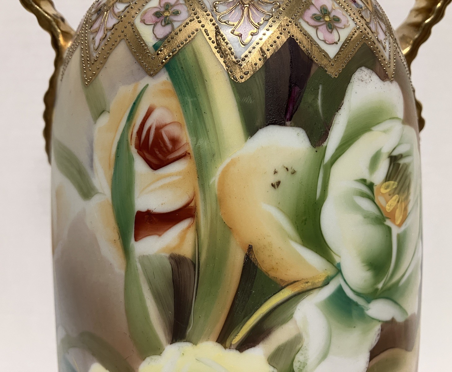 【錦の帯に大輪ゆれる】オールドノリタケ ジュエル装飾 花文 両耳花瓶 金彩 - 画像 (3)