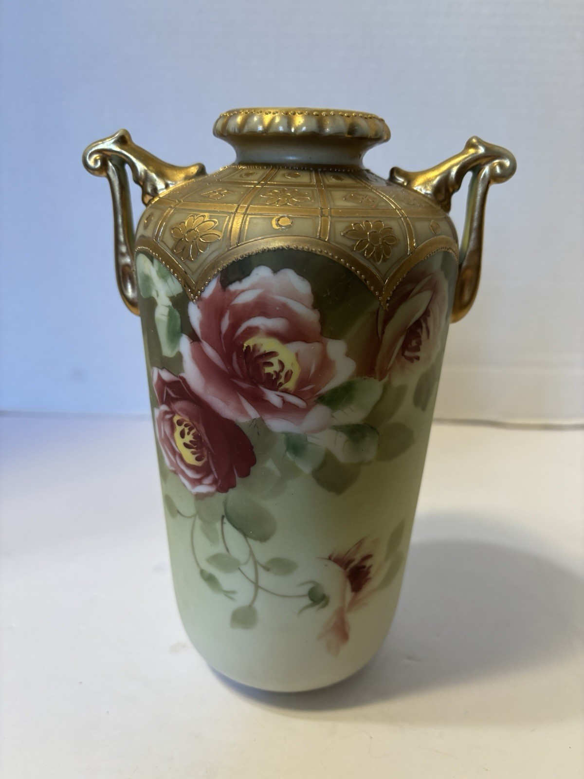 【金盛の格子に薔薇あふれ】オールドノリタケ 金盛 薔薇文 両耳花瓶 - 画像 (2)