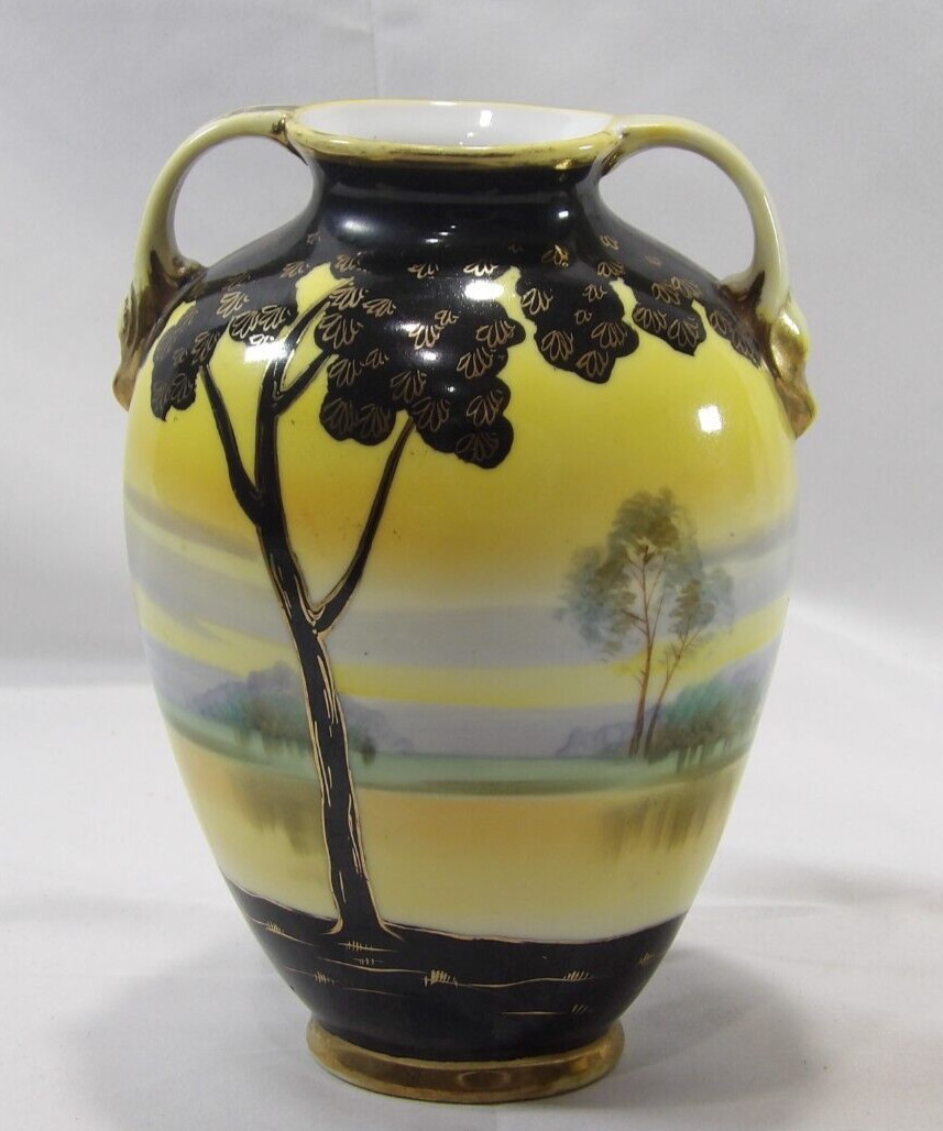 【黄昏の湖に木立沈む】オールドノリタケ 風景文 両耳花瓶 金彩 - 画像 (3)