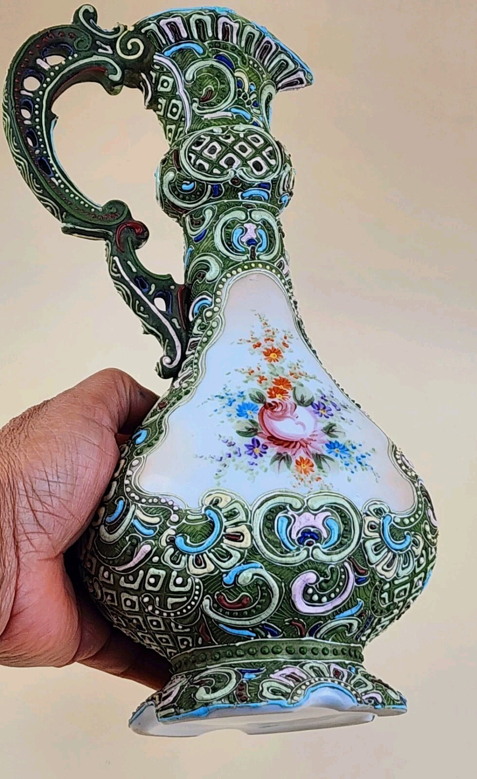 【彩り盛上にしのぶ花】オールドノリタケ 盛上 花文 水差 - 画像 (3)