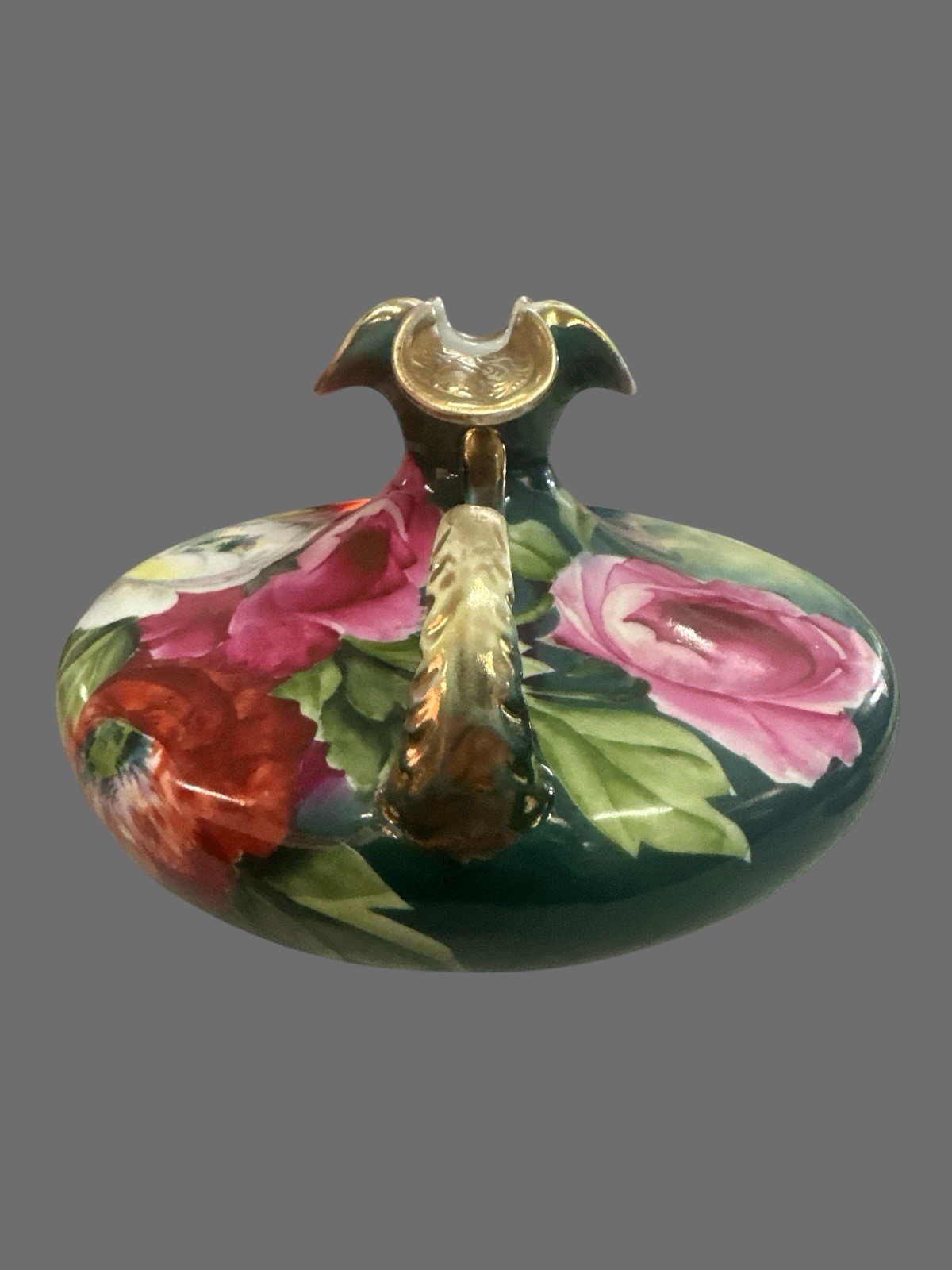 【卓に憩う豊かな花影】オールドノリタケ 薔薇文 両耳花瓶 金彩 - 画像 (2)