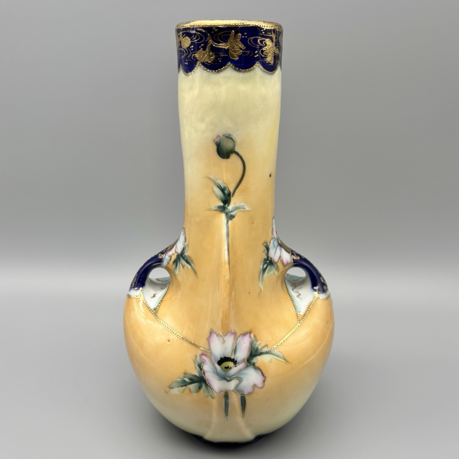 【金と碧玉のまとう花面】オールドノリタケ 盛上 花文 両耳花瓶 金彩 ジュエル装飾 - 画像 (3)