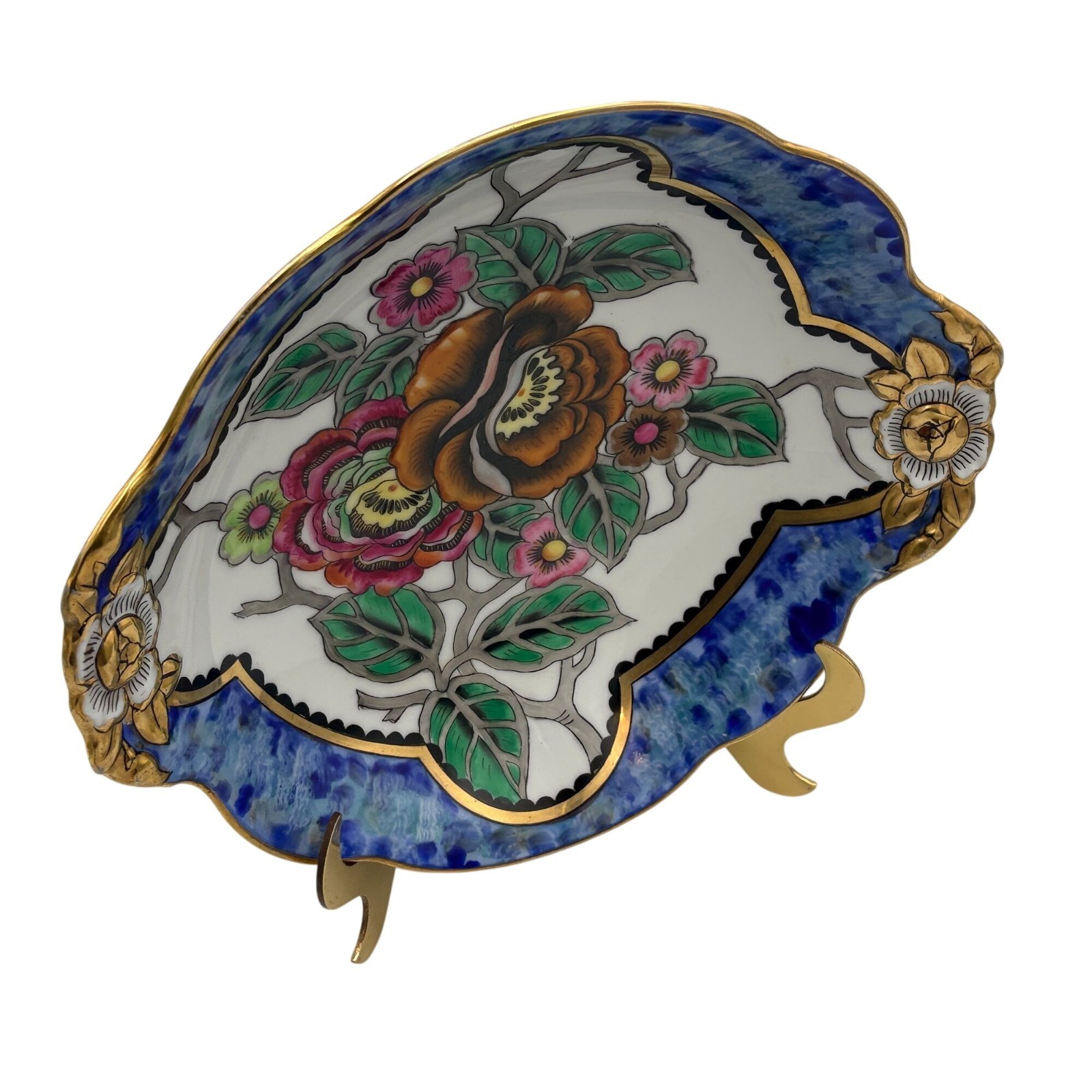 【藍のふちに咲く大輪】オールドノリタケ 牡丹文 両端飾皿 金彩 盛上 - 画像 (2)