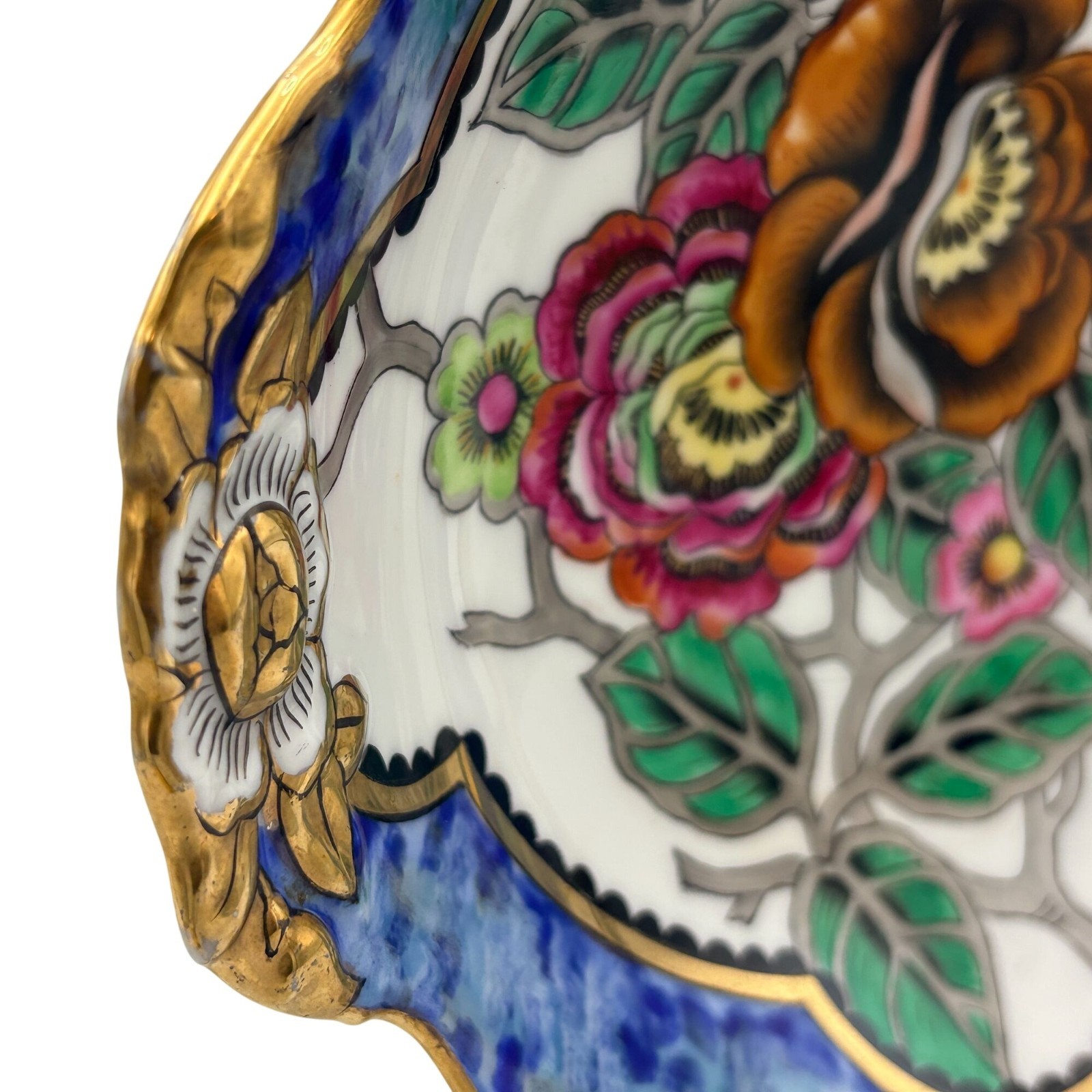 【藍のふちに咲く大輪】オールドノリタケ 牡丹文 両端飾皿 金彩 盛上 - 画像 (3)
