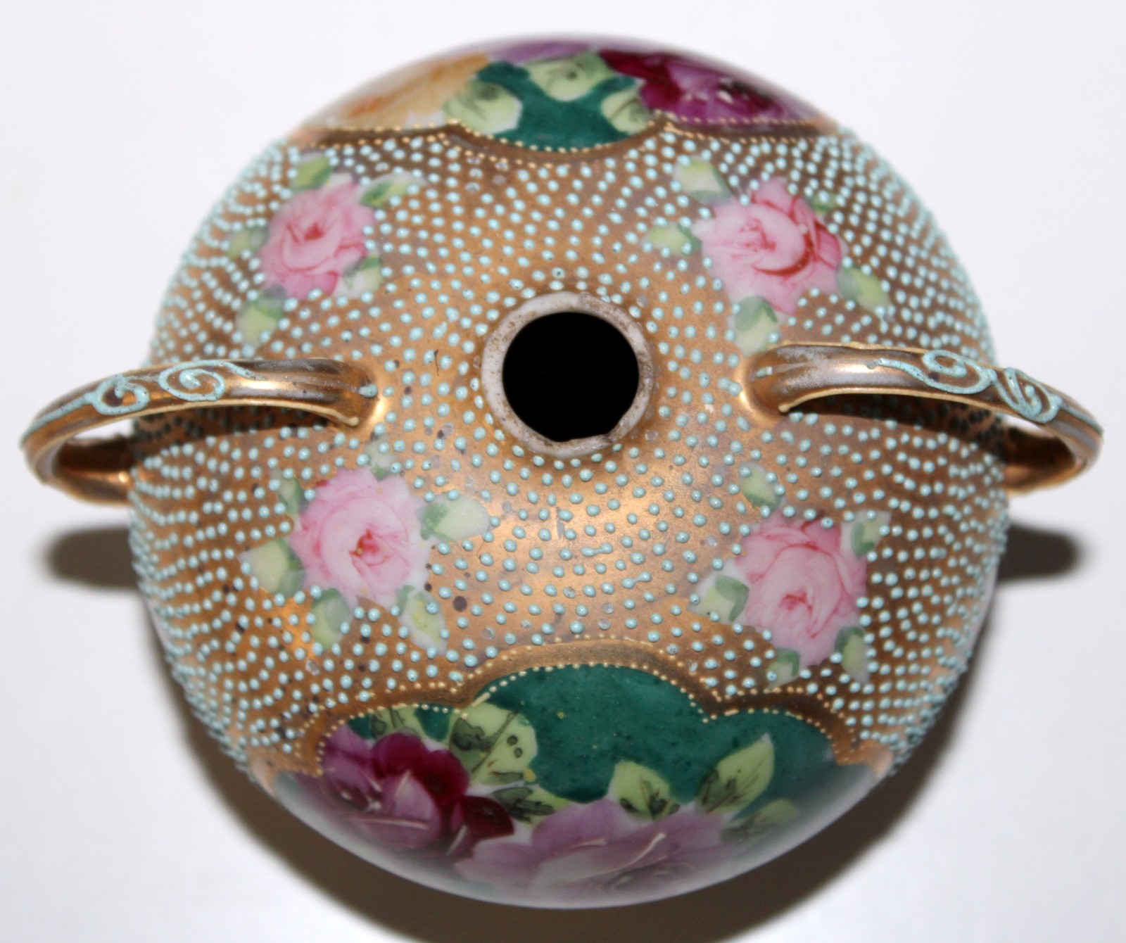 【粒だつ金地に咲く三輪】オールドノリタケ ビーディング 薔薇文 両耳花瓶 金彩 - 画像 (3)