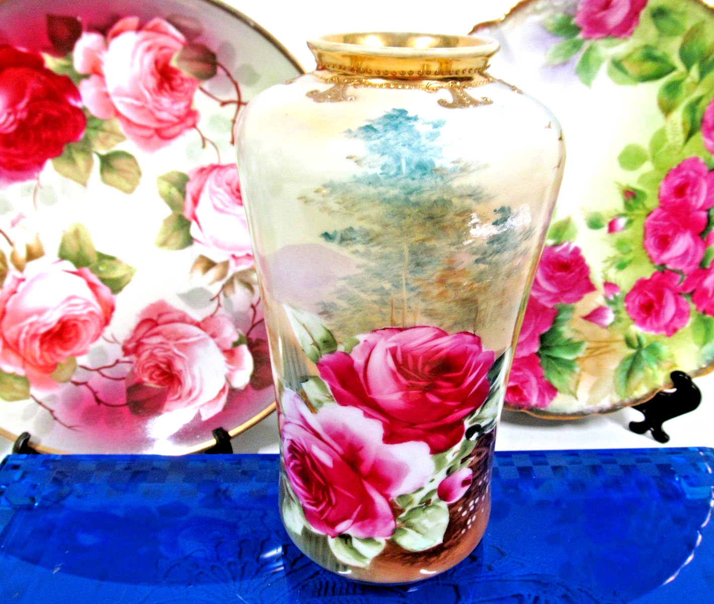【薔薇のむこうに湖光る】オールドノリタケ 薔薇文 風景文 花瓶 金彩 - 画像 (2)