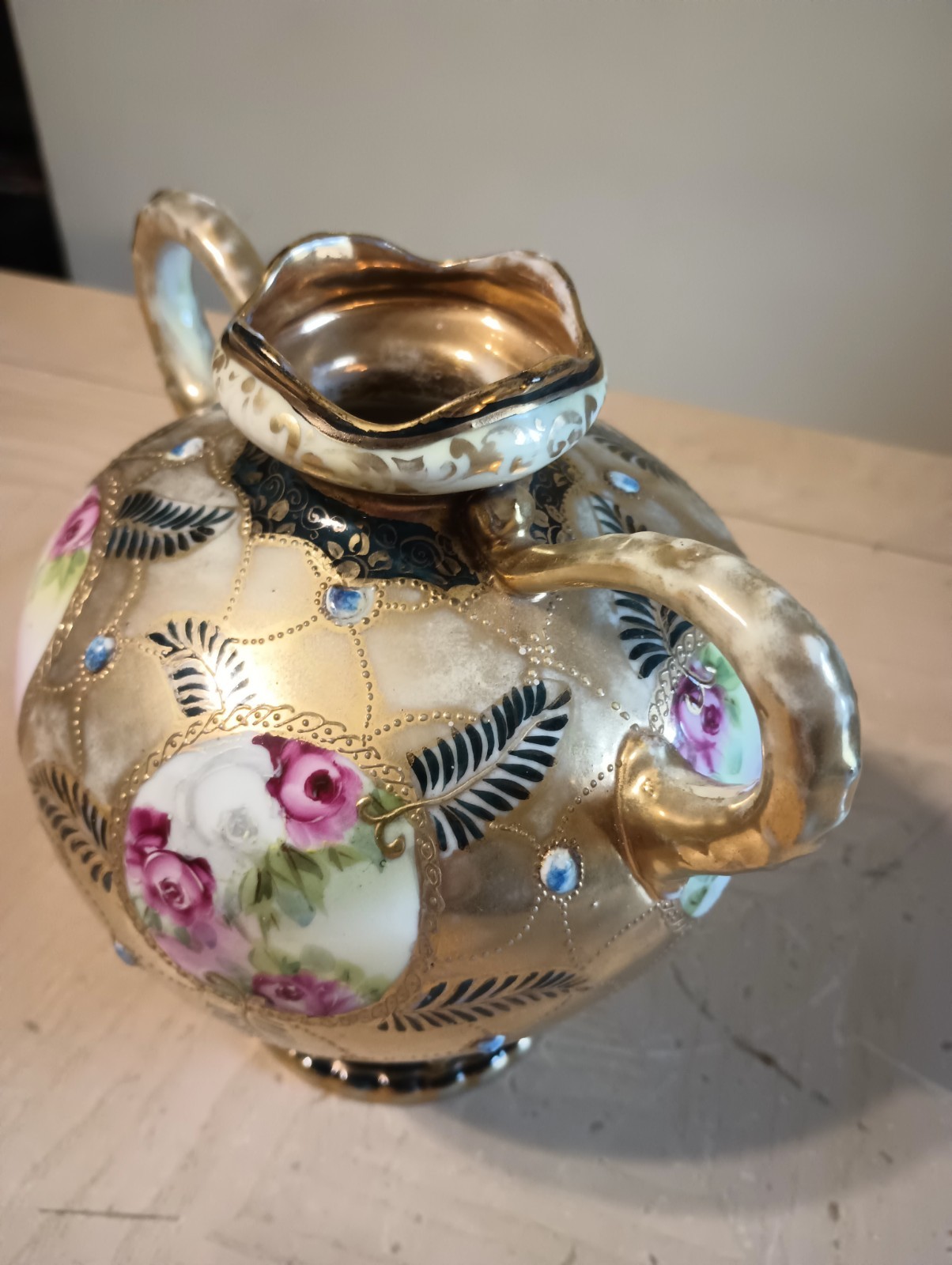 【金網に守られし薔薇窓】オールドノリタケ 金盛 薔薇文 両耳花瓶 ジュエル装飾 - 画像 (3)