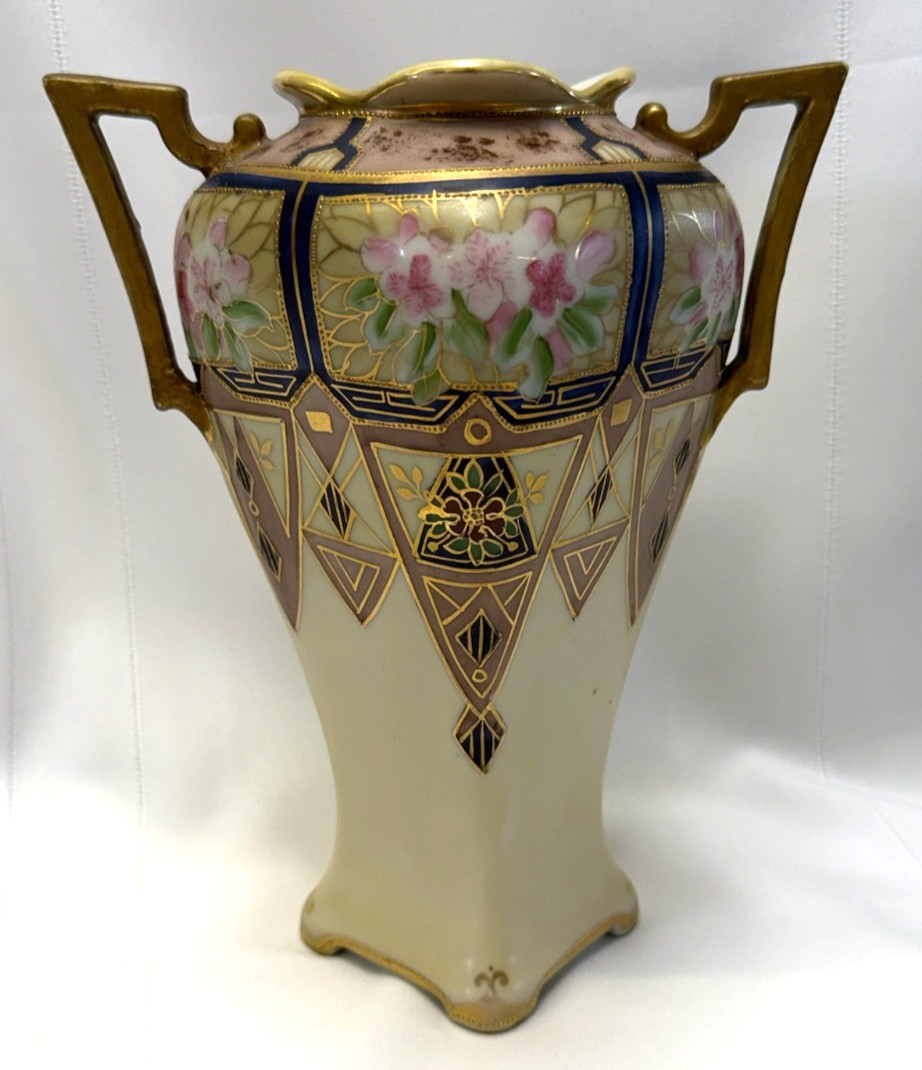 【金線で結ぶ幾何と花】オールドノリタケ 金盛 花文 両耳花瓶 コバルト金彩 - 画像 (2)