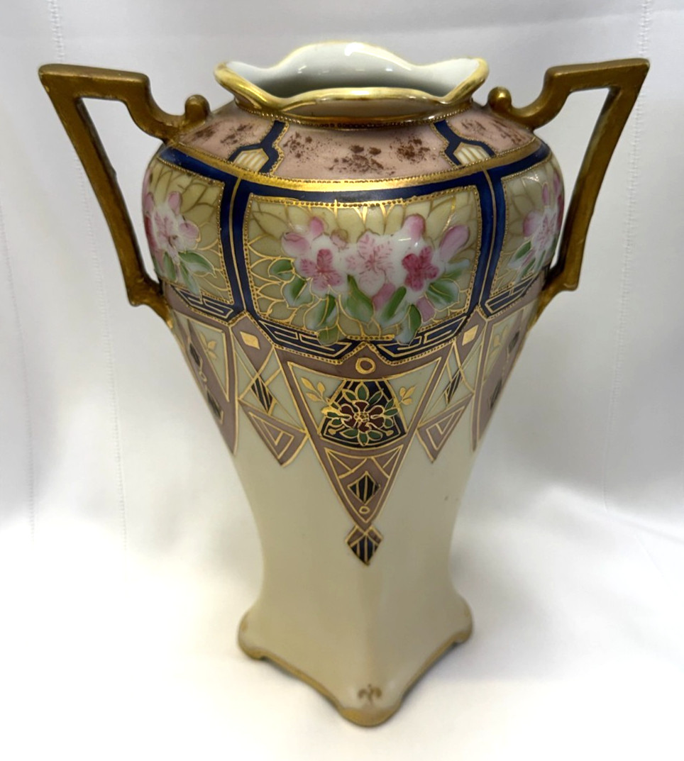【金線で結ぶ幾何と花】オールドノリタケ 金盛 花文 両耳花瓶 コバルト金彩 - 画像 (3)
