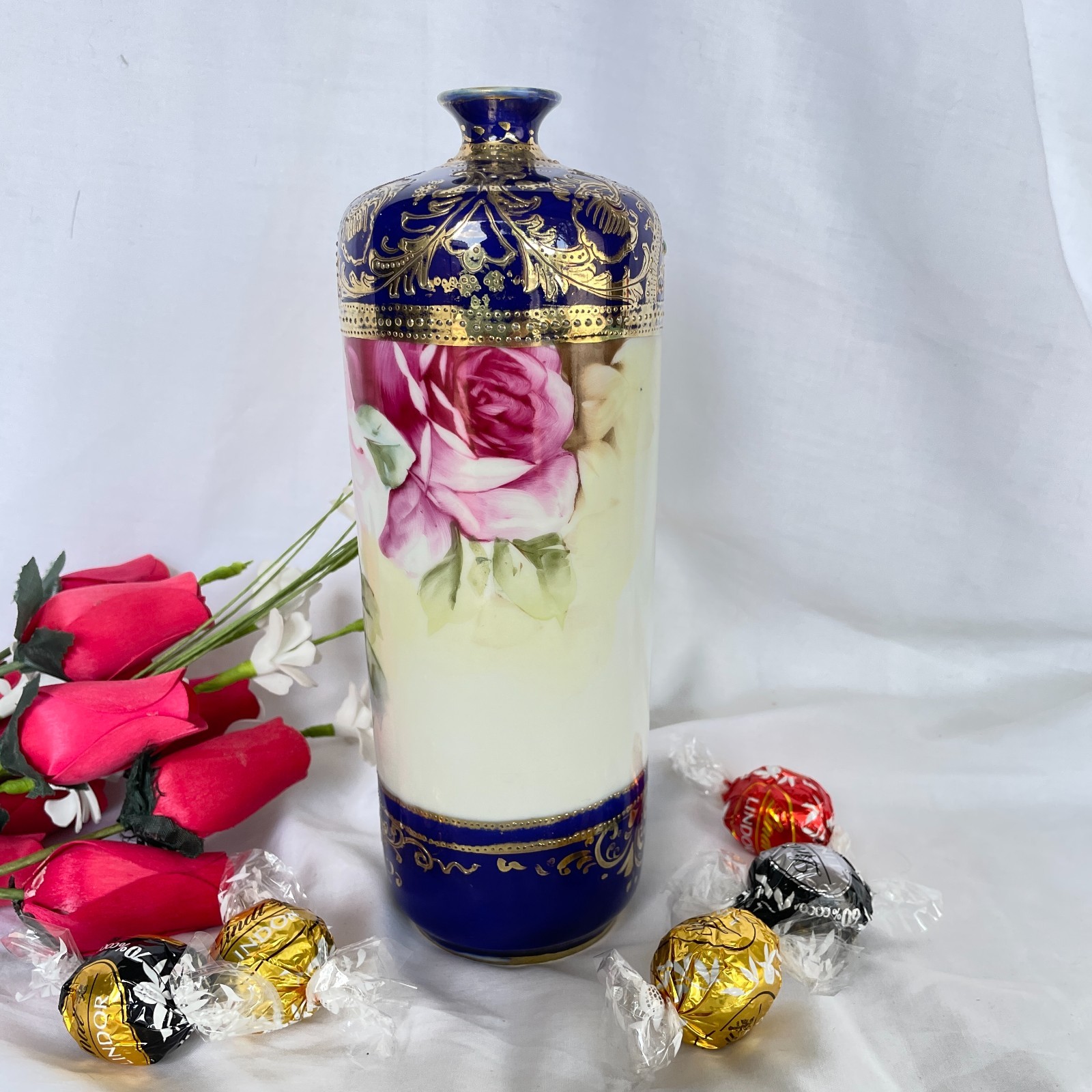 【紺地に咲く大輪の薔薇】オールドノリタケ 金盛 薔薇文 花瓶 コバルト金彩 - 画像 (3)