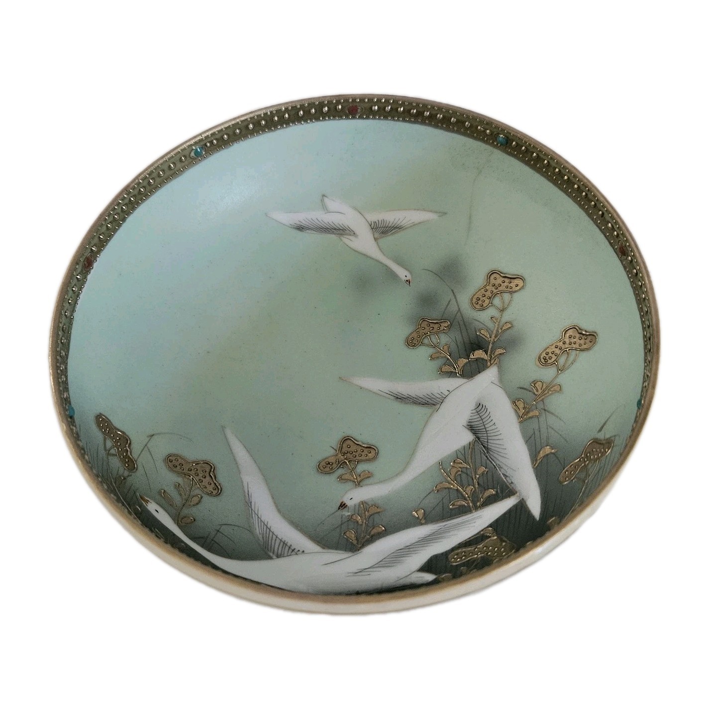 【白鳥が水辺の朝をわたる】オールドノリタケ フライングスワン 金彩 飾鉢 - 画像 (2)