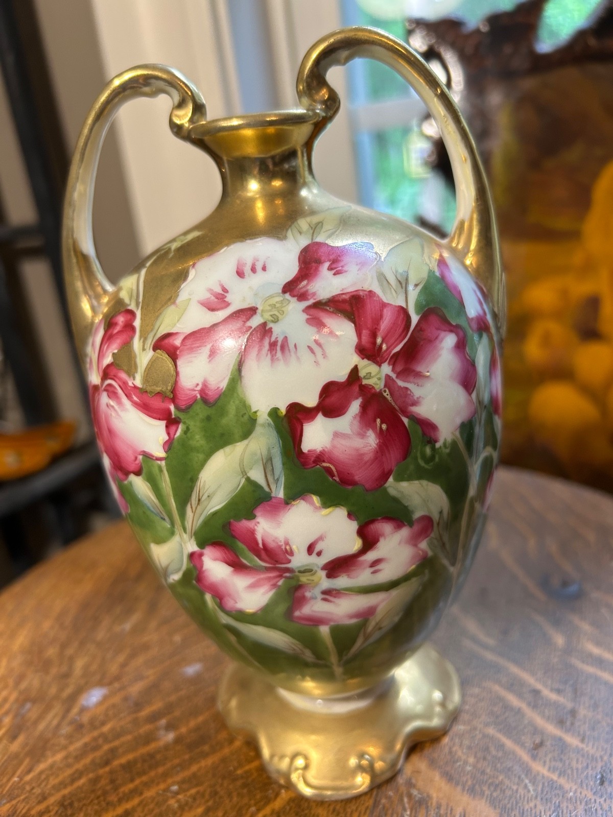 【緑に咲く紅白の花】オールドノリタケ 花文 両耳花瓶 金彩 - 画像 (3)