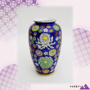 【瑠璃地に咲きみだれる菊】手描き 菊尽くし 花瓶 瑠璃地