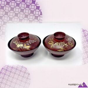 【溜塗に金銀の草花がゆれる】漆器 蒔絵 草花文 蓋物椀 二客