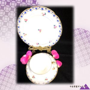 【藍の菱に薔薇の三重奏】オールドノリタケ 金盛 薔薇文 トリオ