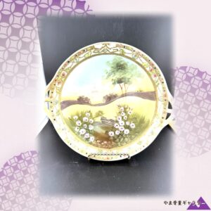 【野薔薇の丘に光が差す】オールドノリタケ 風景文 双耳 飾皿 金彩