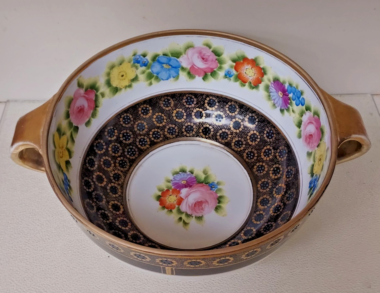 【紺と金の帯に薔薇が咲く】オールドノリタケ ジュエル装飾 薔薇文 両手鉢 金彩 - 画像 (3)