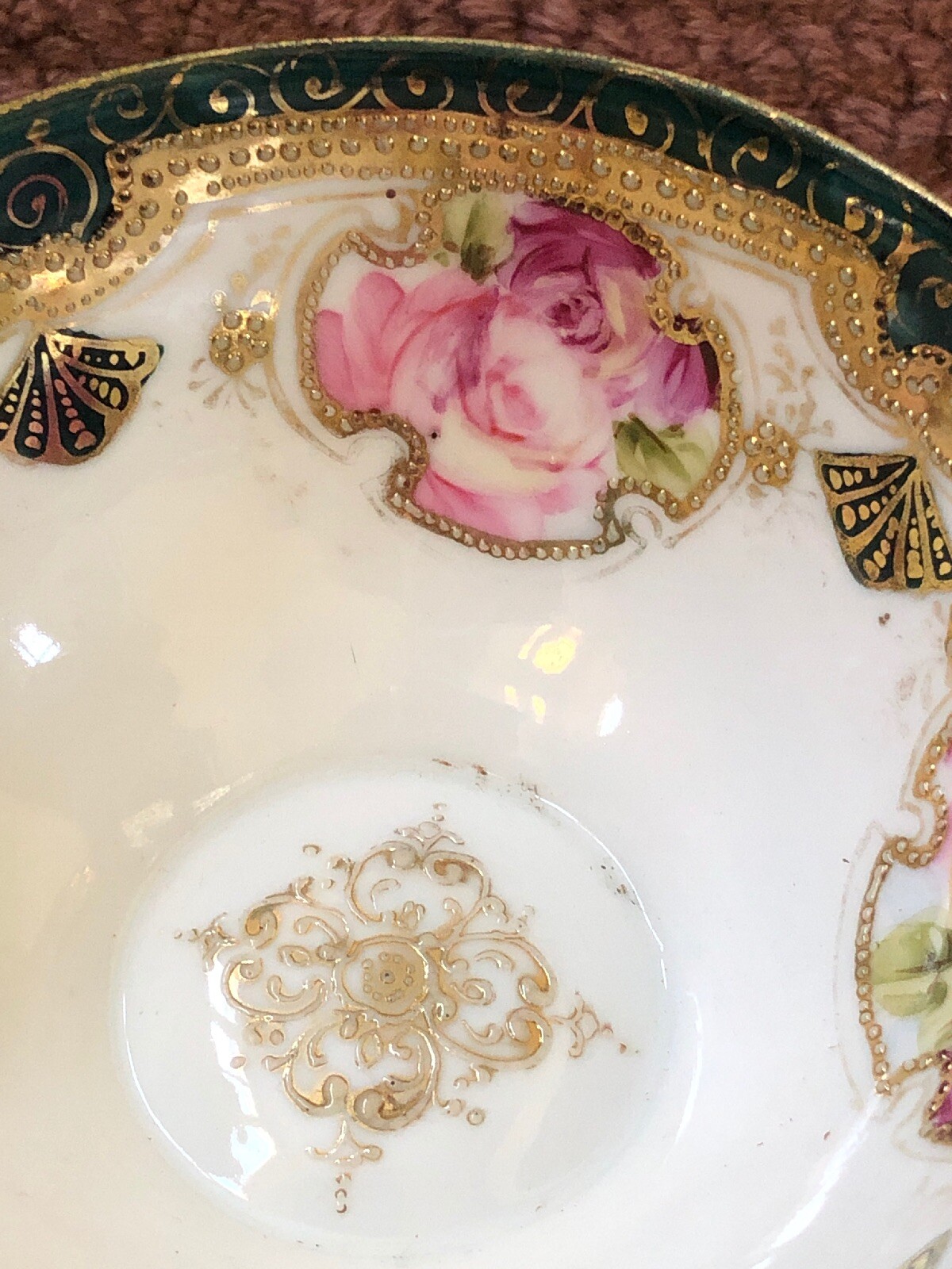 【緑と金に薔薇が浮かぶ】オールドノリタケ ジュエル装飾 薔薇文 ティーカップ 金彩 - 画像 (2)