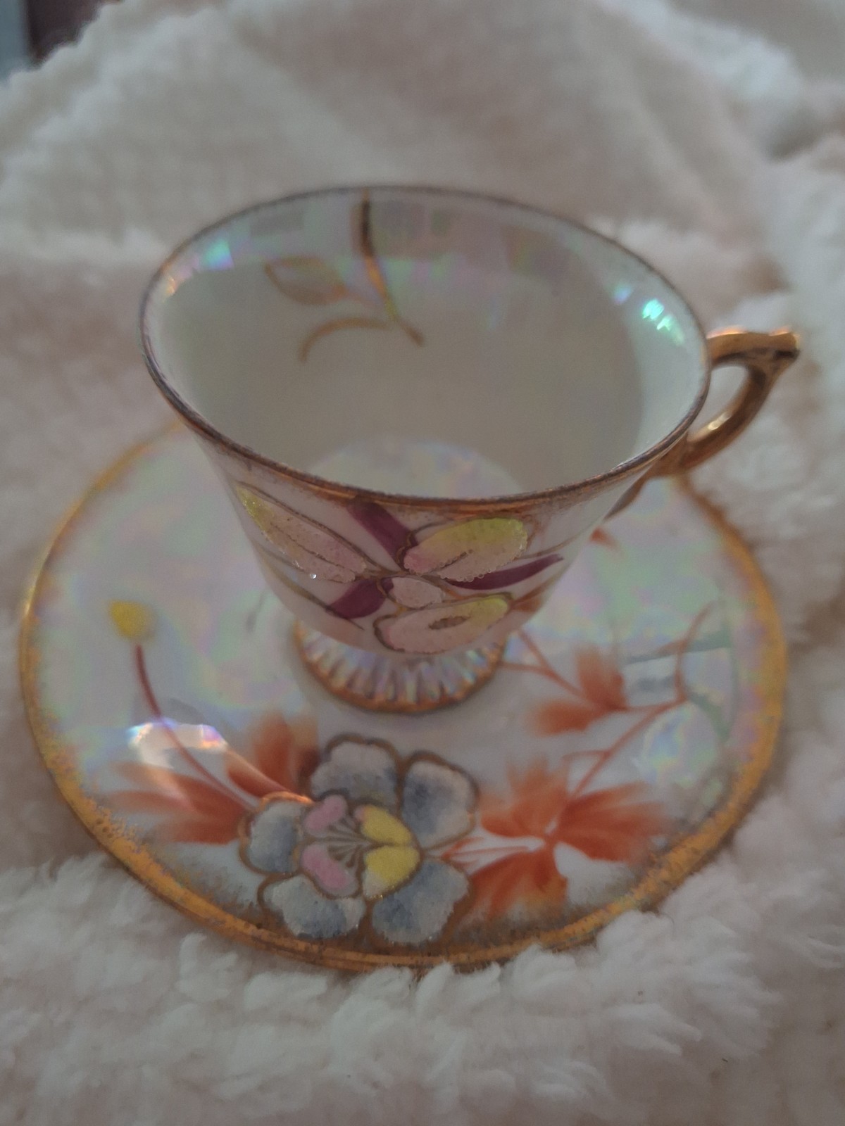 【真珠光沢に浮かぶ粒の花】オールドノリタケ コラレン 花文 カップ&ソーサー 金彩 - 画像 (2)