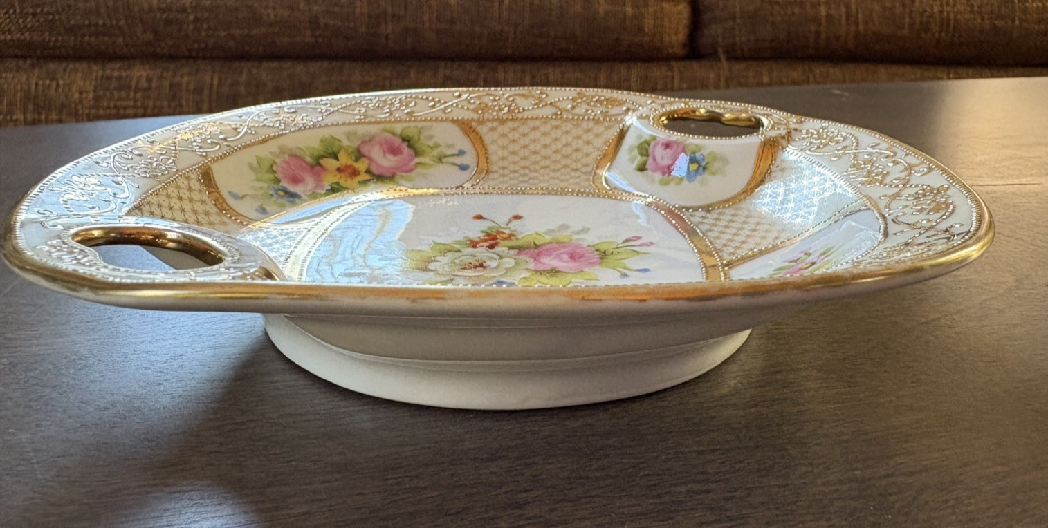 【花束が金の窓ごとにひらく】オールドノリタケ 金盛 花束文 両手飾皿 金彩 - 画像 (3)
