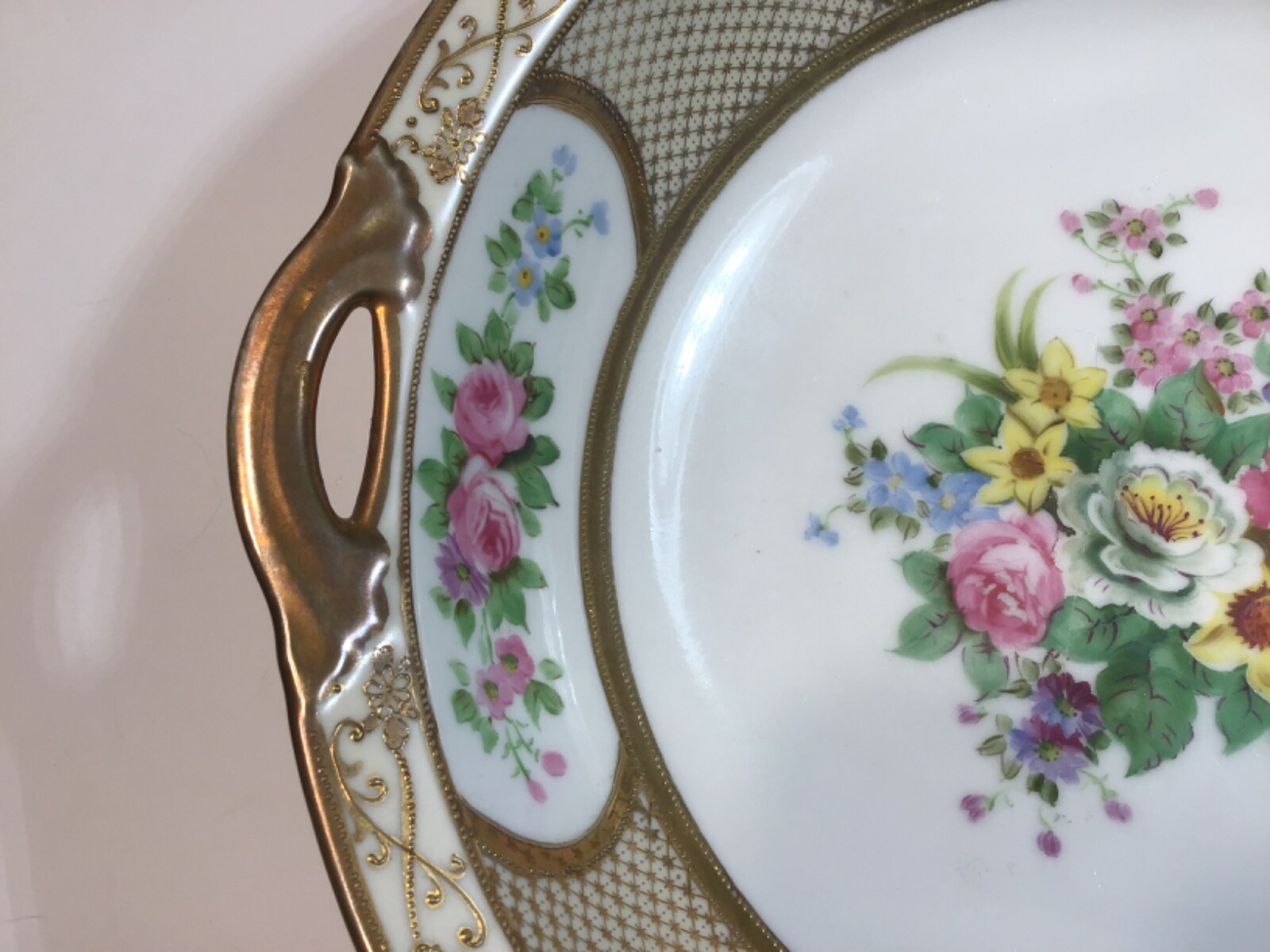 【金の網地に花束が咲く】オールドノリタケ 金盛 花束文 両手飾鉢 金彩 - 画像 (2)