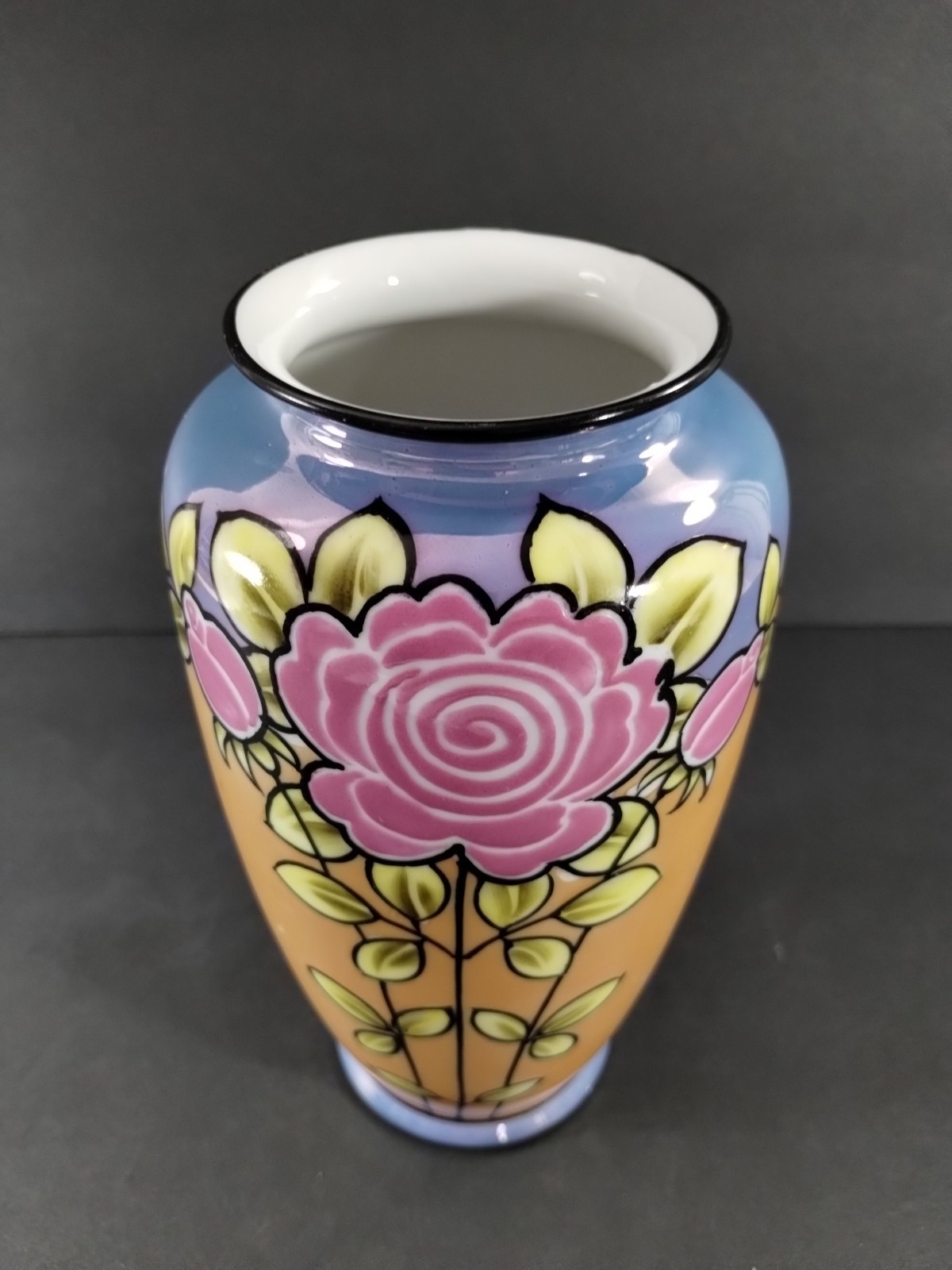 【真珠光沢に薔薇が咲く】ラスター彩 薔薇文 花瓶 アールデコ - 画像 (2)
