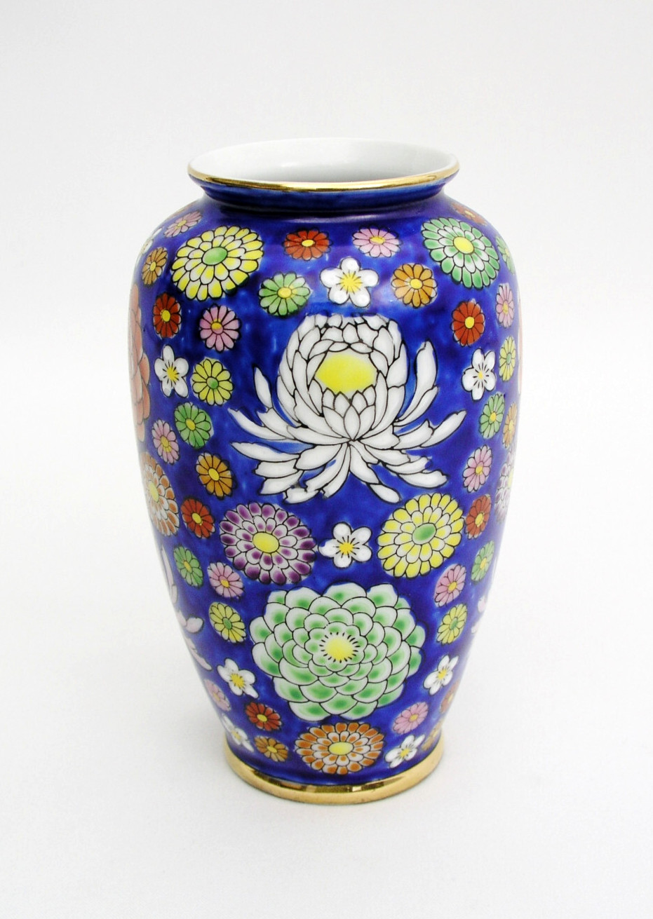 【瑠璃地に咲きみだれる菊】手描き 菊尽くし 花瓶 瑠璃地 - 画像 (3)