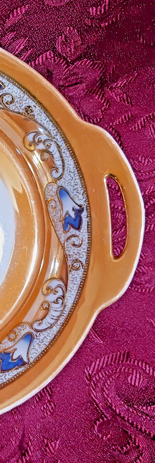 【橙の光沢に青花が映える】オールドノリタケ ラスター彩 花文 手付皿 金彩 - 画像 (2)