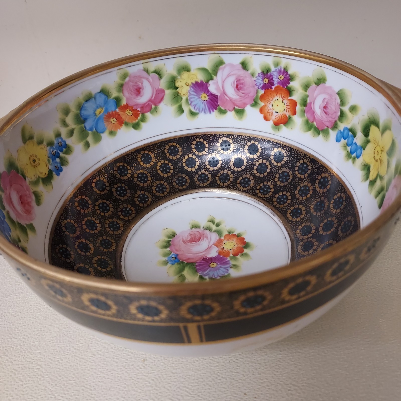 【紺と金の帯に薔薇が咲く】オールドノリタケ ジュエル装飾 薔薇文 両手鉢 金彩 - 画像 (2)
