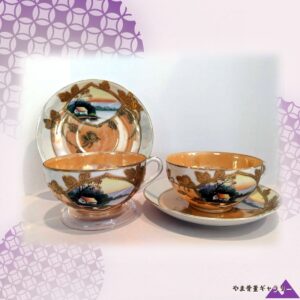 【湖の白鳥に金蝶が寄る】オールドノリタケ 金盛 風景文 カップ&ソーサー ラスター彩