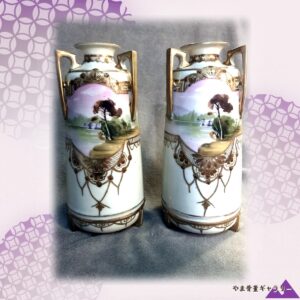 【薄紅の空が対で続く】オールドノリタケ 金盛 風景文 三耳花瓶 一対 金彩