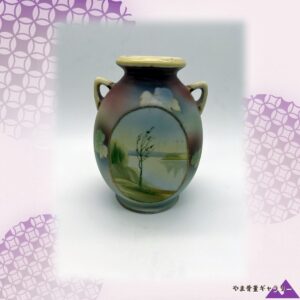 【若木が一本、水際に立つ】オールドノリタケ ビーディング 湖畔風景文 両耳花瓶 蔦文